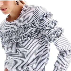 J.Crew SZ 00 Tiered Ruffle Stripe Long Sleeve Blue White Tie Back Blouse Top